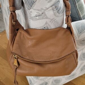 Tan Leather Handbag with Light Blue Fabric Accent